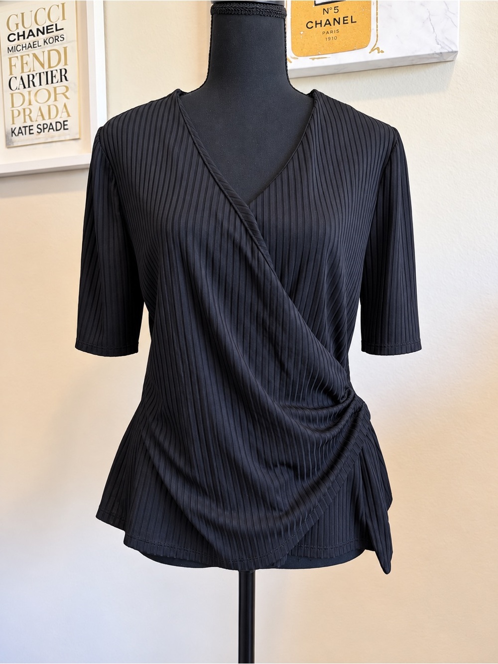 Tahari Black Ribbed Faux Wrap Ruched Draped Top Size L NWOT